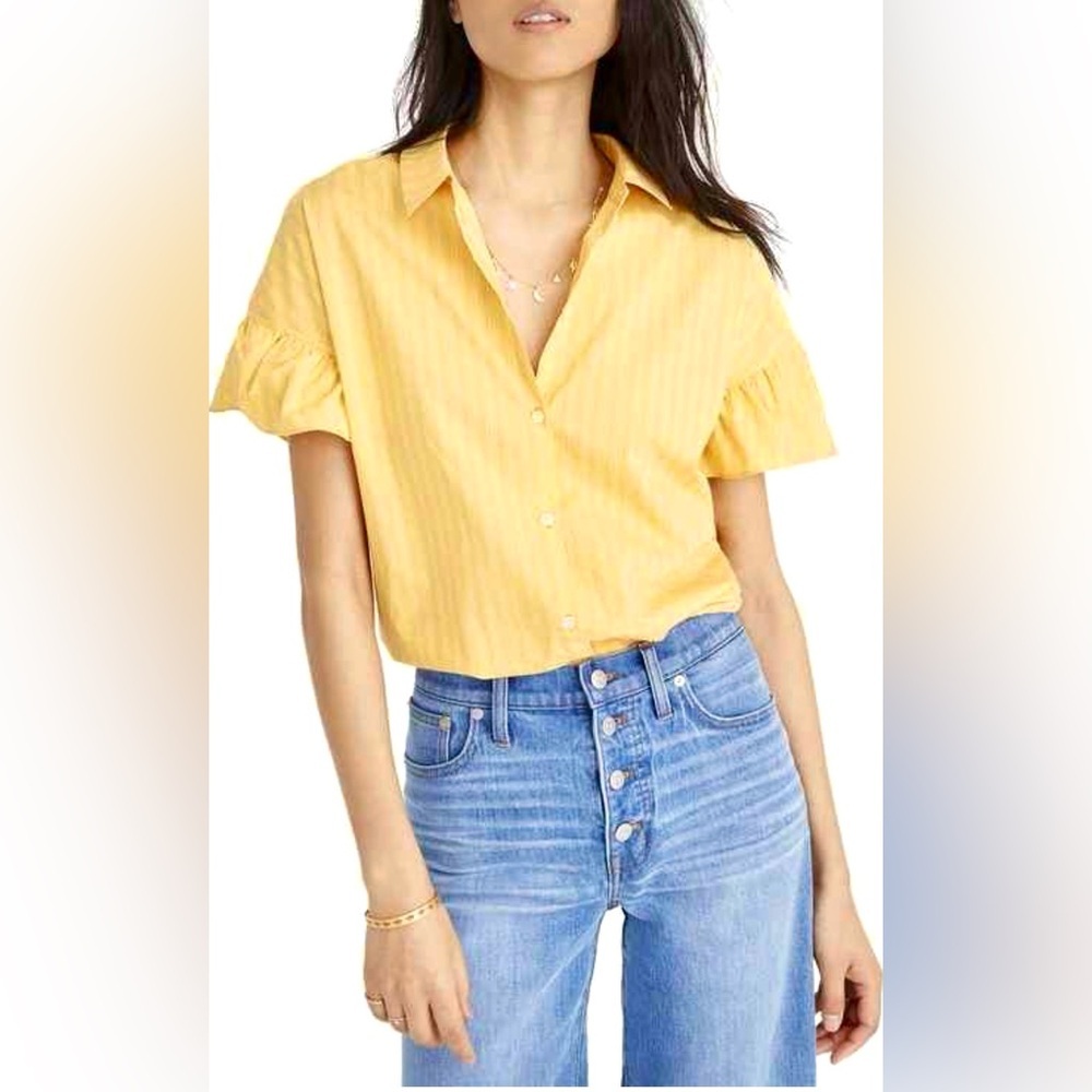 Madewell‎ Yellow Striped Button Down Shirt Top S Summer Wardrobe Minimalist Chic - Picture 2 of 9
